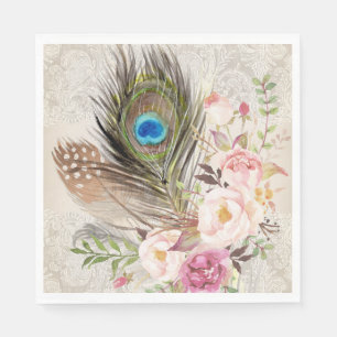 Boho Chic-Pfau-Feder und Rosen-Papierserviette Serviette