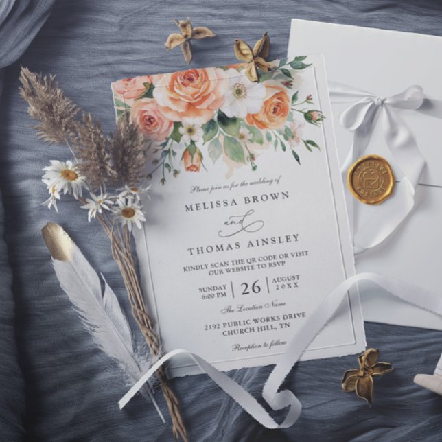 Boho-Chic-Pfirsich- und weiße Blumen-QR-Code-Hochz Einladung (Von Creator hochgeladen)