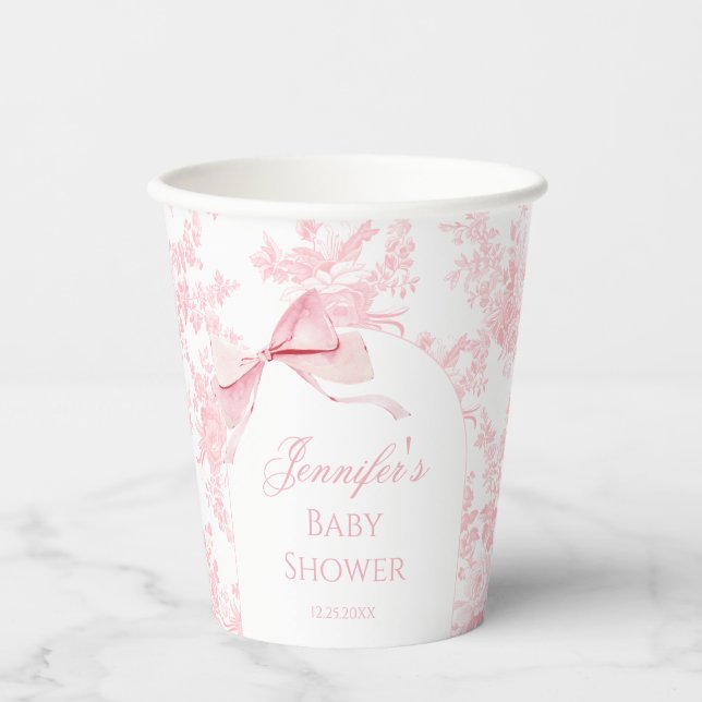 Boho Chic Pink Bow Floral Baby Girl Dusche Pappbecher (Vorderseite)