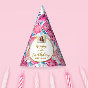 Boho Chic Pink Floral Custom Foto Happy Birthday Partyhütchen