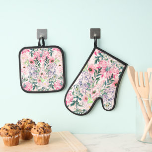 Boho Chic Pink Floral Watercolor Botanisch Ofenhandschuh & Topflappen-Set