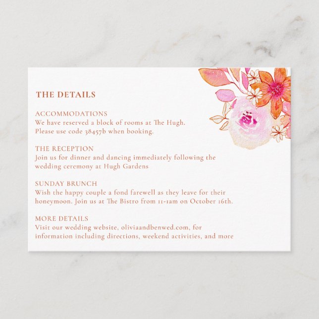 Boho Chic Pink Orange Wasserfarbenhochzeit Begleitkarte (Vorderseite)