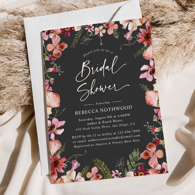 Boho Chic Pink Pressed Florals Grau Brautparty Einladung (Von Creator hochgeladen)