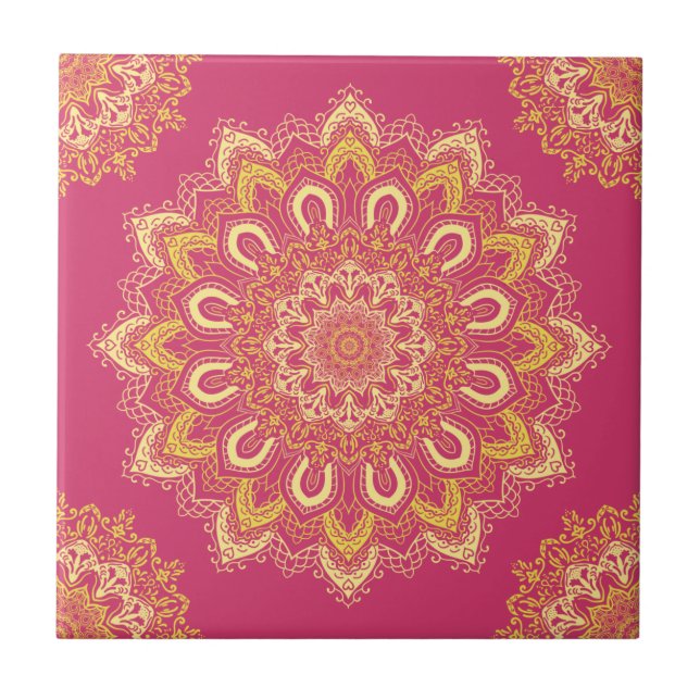 Boho Chic Pink Yellow Moderne Elegant Mandala Fliese (Vorderseite)