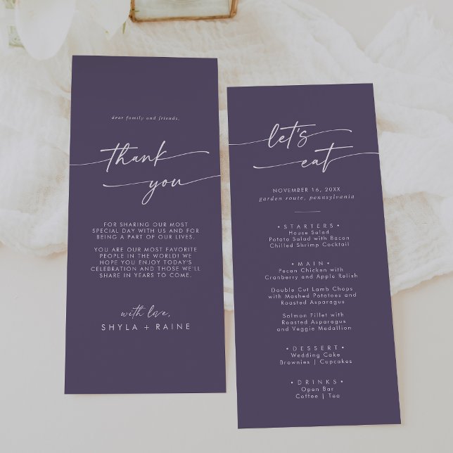 Boho Chic Plum Lila Danke und Hochzeit Menükarte (Von Creator hochgeladen)