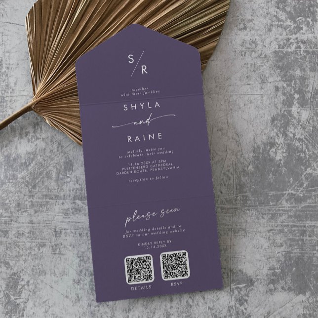 Boho Chic Plum Lila Dual QR Code Wedding All In One Einladung (Von Creator hochgeladen)