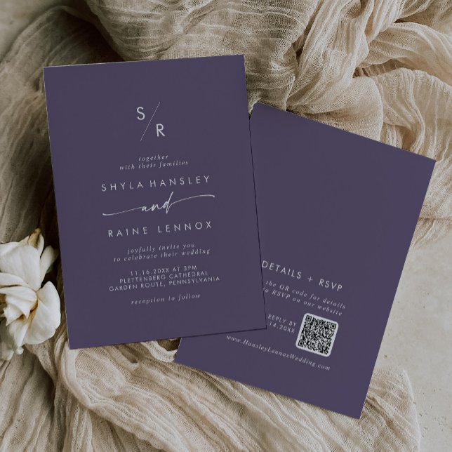 Boho Chic Plum Lila Monogram QR Code Hochzeit Einladung (Von Creator hochgeladen)