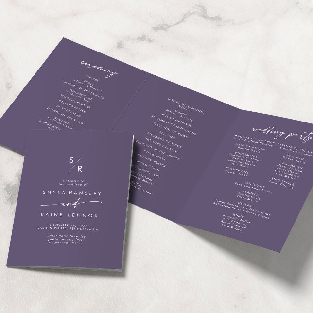 Boho Chic Plum Lila Monogram Wedding Dreifach-gefaltete Programmkarte (Von Creator hochgeladen)