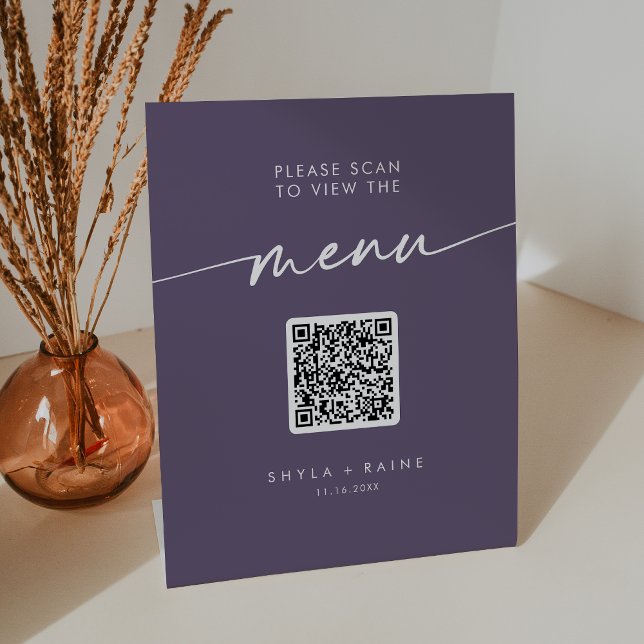 Boho Chic Plum Lila QR Code Wedding Menu Sockelschild (Von Creator hochgeladen)