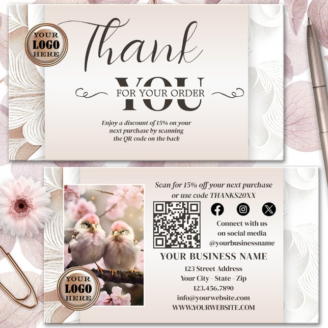 Boho Chic QR Code Foto Vielen Dank für Ihre Bestel Visitenkarte (Thank you for your order photo business card featuring a boho chic design in pastel colors - QR code)