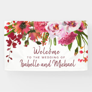 Boho Chic Red Hydrangea, Pink Rose Wedding Willkom Banner