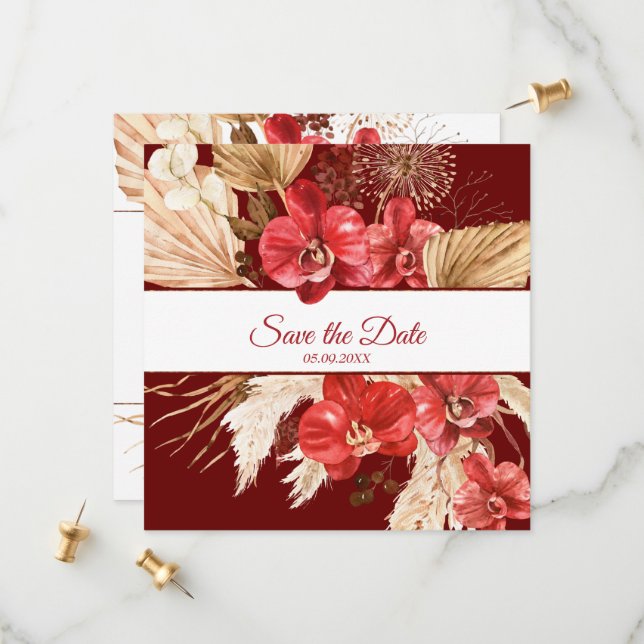 Boho chic Red Orchid Fall Brauch Hochzeit Save The Date (Vorderseite/Rückseite Beispiel)