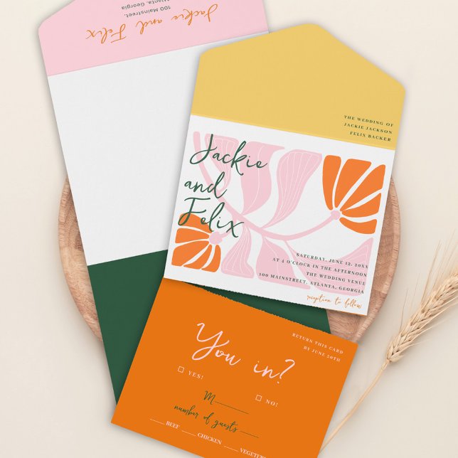 Boho Chic Retro farbenfrohe blumengeschichtliche E All In One Einladung (Boho Chic Retro Colorful Floral Wedding Invitation)