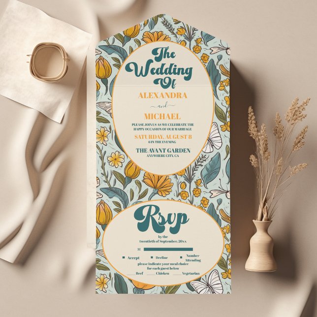 Boho Chic Retro farbenfrohe blumenreiche Hochzeit All In One Einladung (Von Creator hochgeladen)