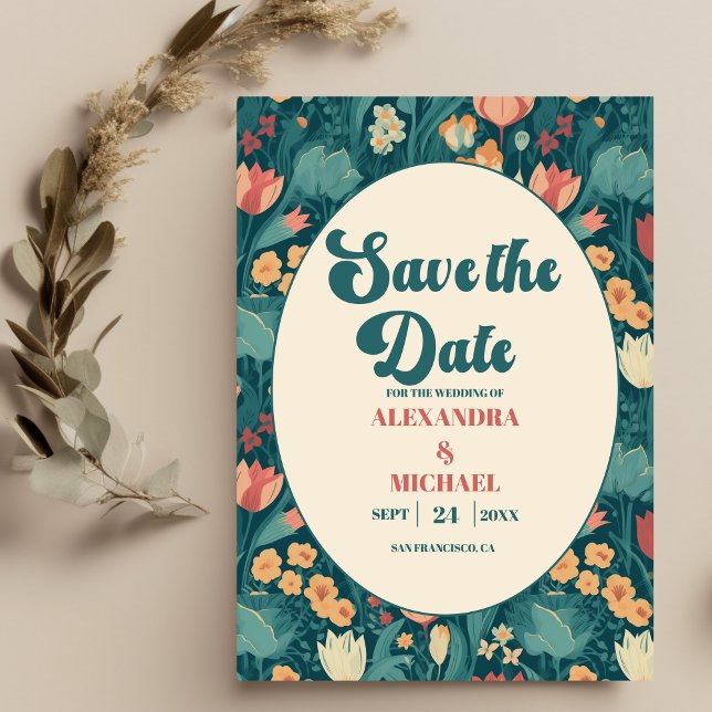Boho Chic Retro farbenfrohe blumenreiche Hochzeit Save The Date (Von Creator hochgeladen)
