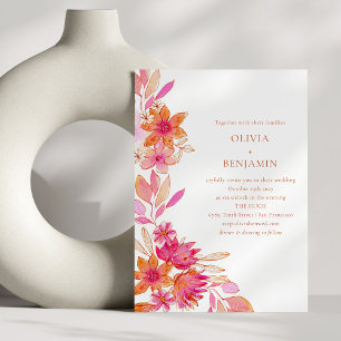 Boho Chic Rosa Orange Blumige Wasserfarbe Hochzeit Einladung