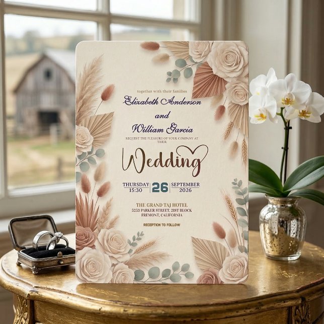 Boho Chic Roses Pampas Grass Wedding Einladung (Von Creator hochgeladen)