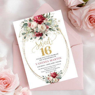 Boho Chic Rot Weiß Gold Blumen Süße 16 Geburtstag Einladung