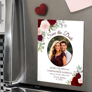 Boho Chic Rote Florale & Foto Hochzeit Save the Da Magneteinladung