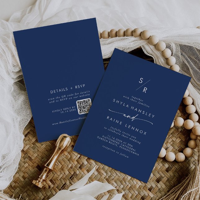 Boho Chic Royal Blue Monogram QR Code Wedding Einladung (Von Creator hochgeladen)