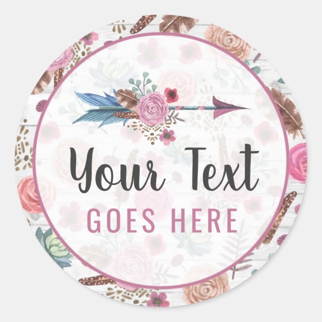 Boho Chic Rustic Feather Arrow Wasserfarbe Bohemis Runder Aufkleber (Vorderseite)