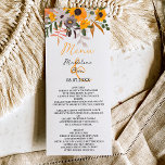 Boho chic rustikale Orangenblumen Hochzeit Menükarte<br><div class="desc">Genießen Sie die Wärme der Landsonne mit unserem rustikalen Orangenmenü,  das mit Sonnenblumen,  grünen Blätter und braunen Ästen geschmückt ist. Perfekt für das freudvolle Paar mit gebürsteter Schrift-Typografie auf einem einfach bearbeitbaren weißen Hintergrund.</div>