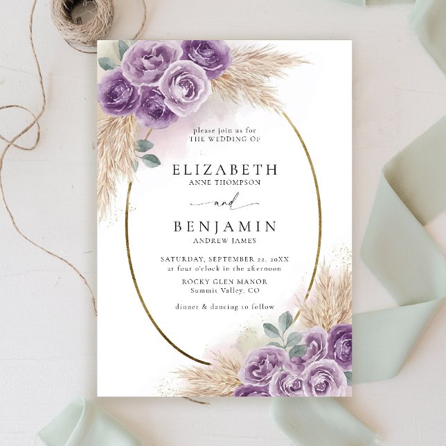 Boho Chic Rustikales Lila Oval Einladung (boho chic rustic purple wedding invitation watercolor elegant floral frame barn ranch garden)