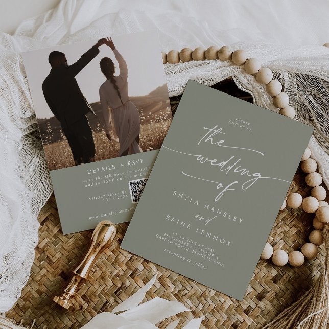 Boho Chic Sage Green Foto QR Code Hochzeit Einladung (Von Creator hochgeladen)
