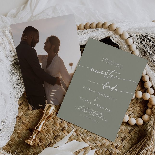 Boho Chic Sage Green Foto Spanische Hochzeit Einladung (Von Creator hochgeladen)
