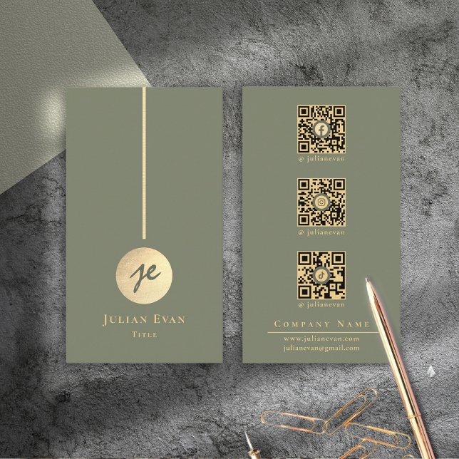 Boho Chic Sage Green & Gold Monogram Social Media Visitenkarte (Glamorous Shiny Vintage Emerald Green & Gold Business Card)