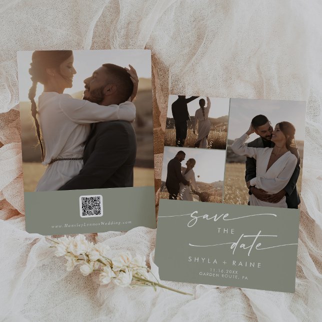 Boho Chic Sage Green Multi Foto QR Code Save The Date (Von Creator hochgeladen)