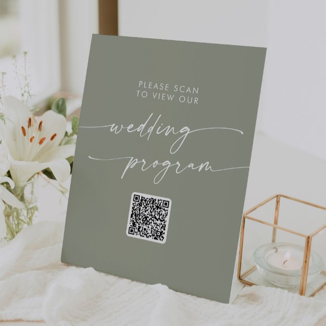 Boho Chic Sage Green QR Code Hochzeitsprogramm Sockelschild (Von Creator hochgeladen)