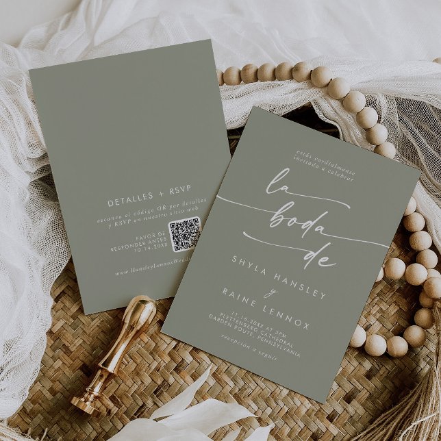 Boho Chic Sage Green QR Code Spanische Hochzeit Einladung (Von Creator hochgeladen)