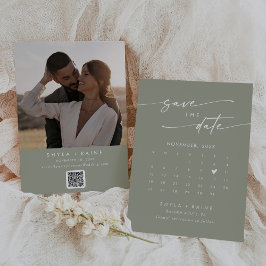 Boho Chic Sage Green QR Foto Calendar Save The Date