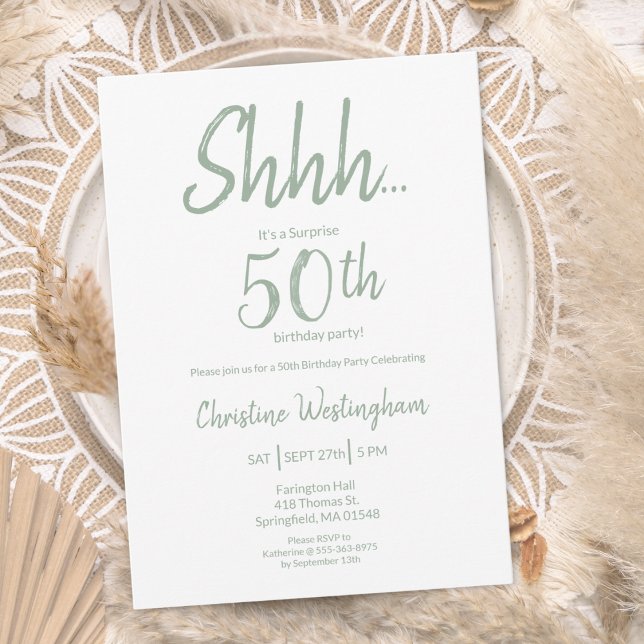 Boho Chic Sage Green Surprise 50th Birthday Einladung (Von Creator hochgeladen)