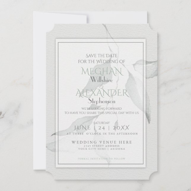 Boho Chic Sage Green Watercolor Branch Save The Date (Vorderseite)