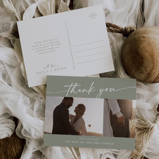 Boho Chic Sage Green Wedding Foto Vielen Dank Postkarte (Von Creator hochgeladen)