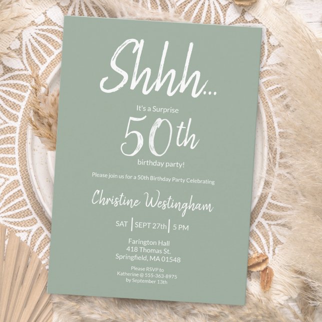 Boho Chic Salbei-Grün Überraschung 50. Geburtstag Einladung (Von Creator hochgeladen)