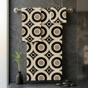 Boho Chic Schwarz Beige Geometrisches Medaillon-Mu Badhandtuch Set