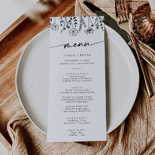 Boho Chic Schwarz-Weiße Wildblumen-Hochzeit Menükarte