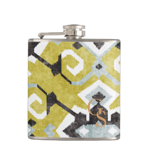 Boho-chic schwarzes und gelbes Ikat-Tribalmuster Flachmann