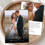 Boho Chic Script 2 Foto Hochzeit Dankeschön Karte<br><div class="desc">Modernes Boho Chic Kalligrafie Script Hochzeit 2 Foto Danke Karte. Stilvolle Hochzeitsvorlage mit einem vollen senkrechten Foto vorne mit dem Text "Danke" in einem skurrilen Wirblen Handschrift Schrift Kalligraphie oder Typografie Swash Schwanz Schriftart-Skript in weißem Overlay auf dem Bild. Kleine niedliche Liebe Herzmotiv inklusive. 2-seitige Karte mit 2 Foto. Einfach...</div>