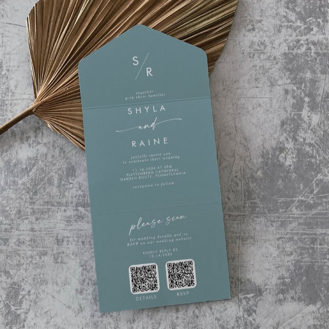 Boho Chic Seafoam Aquamariner Dual QR Code Hochzei All In One Einladung (Von Creator hochgeladen)