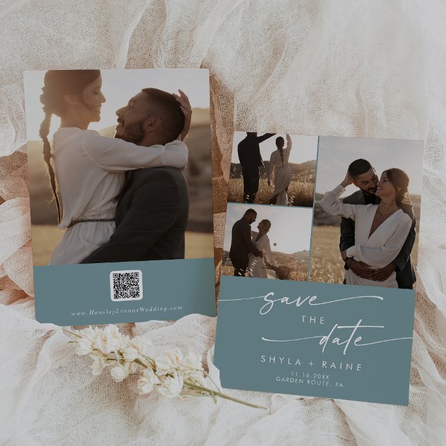 Boho Chic Seafoam Aquamariner Multi-Foto QR-Code Save The Date (Von Creator hochgeladen)