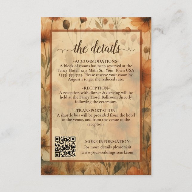 Boho Chic Sienna Florale Hochzeitsdetails QR Code Begleitkarte (Vorderseite)