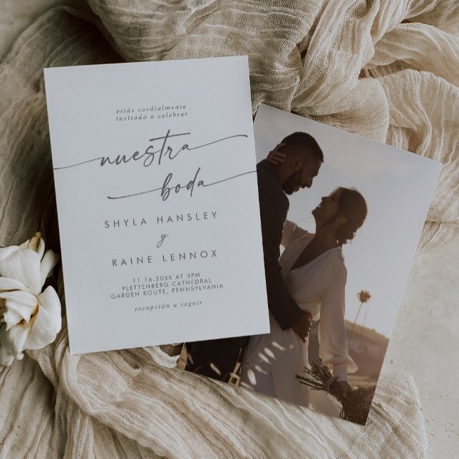 Boho Chic Silver Gray Foto Spanish Wedding Einladung (Von Creator hochgeladen)