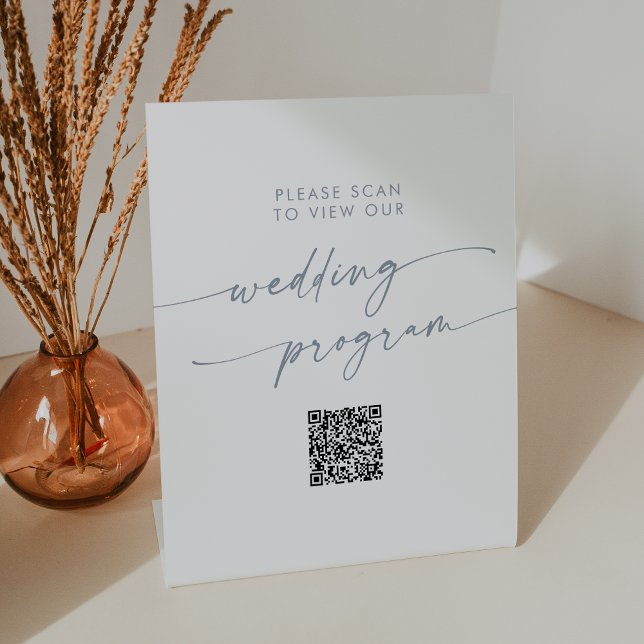 Boho Chic Slate Blue QR Code Wedding Program Sockelschild (Von Creator hochgeladen)