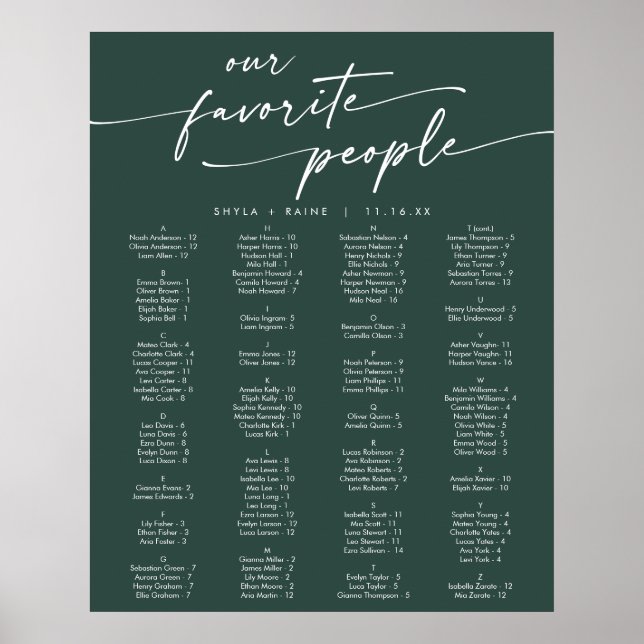 Boho Chic Smaragdgrün Druckbare Sitzordnung Poster (Vorne)