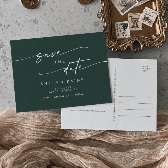 Boho Chic Smarald Green Wedding Save the Date Einladungspostkarte (Von Creator hochgeladen)