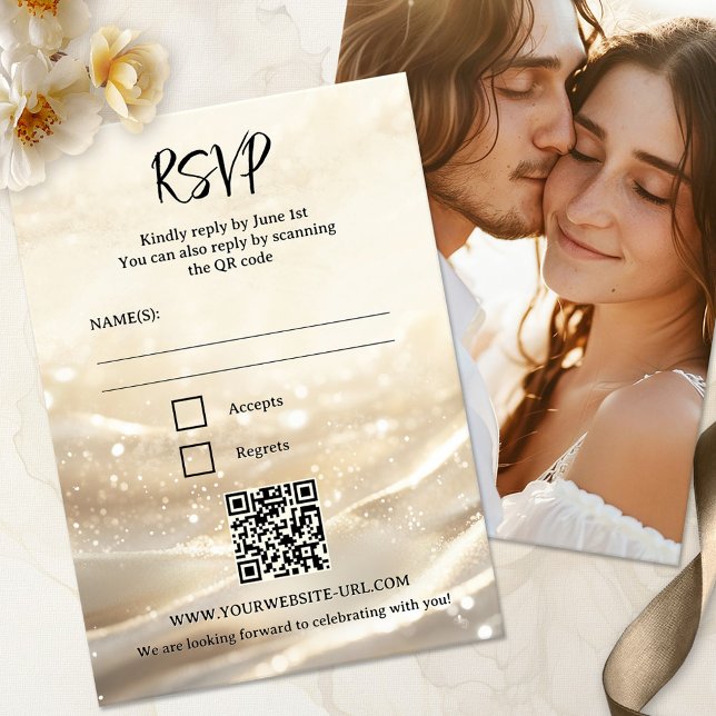 Boho Chic Sparkling Gold Wedding RSVP Card Einladung (Photo boho chic RSVP card featuring a sparkling gold design, with QR code template)
